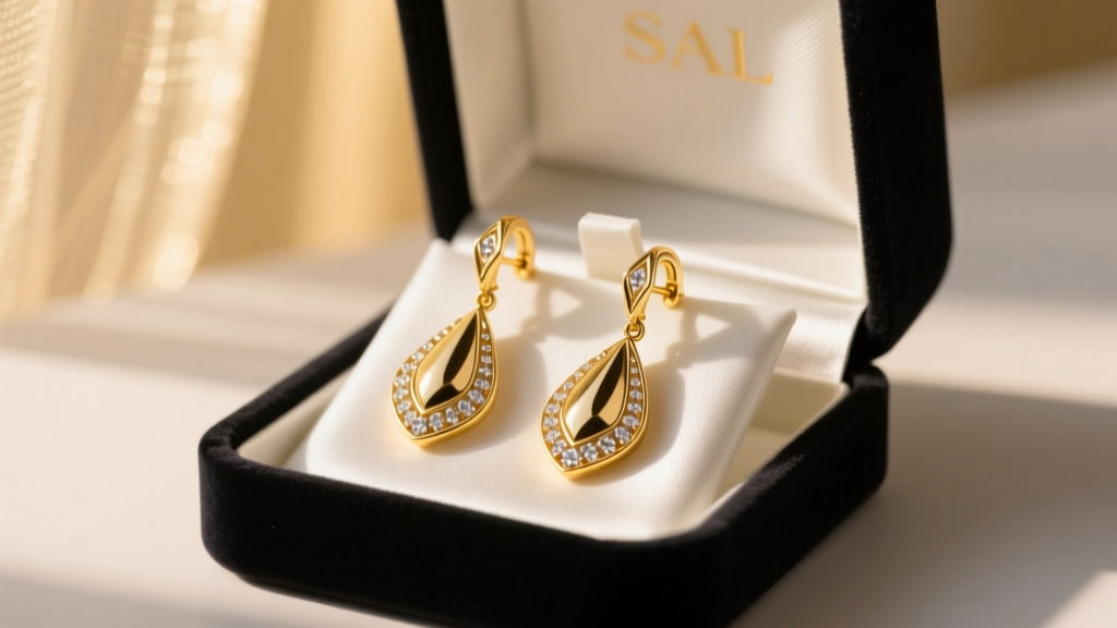 Velvet gift box opened to reveal 18k yellow gold SAL drop earrings resting on white satin under soft, warm studio lighting.
