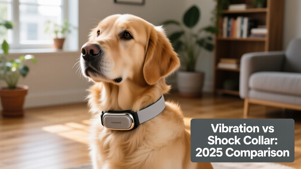 A sleek, adjustable vibration collar worn comfortably on a calm, attentive dog's neck