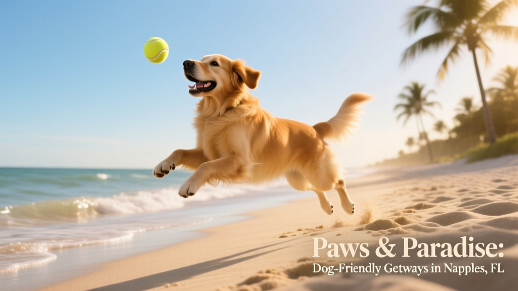 Golden retriever playing on a quiet, sunlit beach in Naples with gentle waves and palm trees in the background