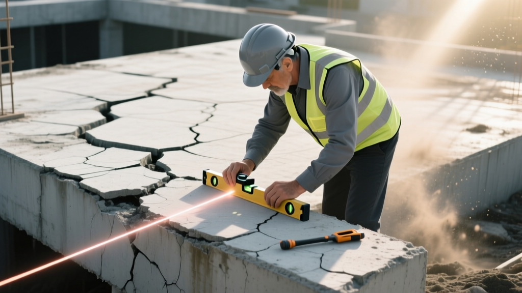 Structural engineer using a digital laser level to measure differential settlement on a cracked concrete slab foundation.