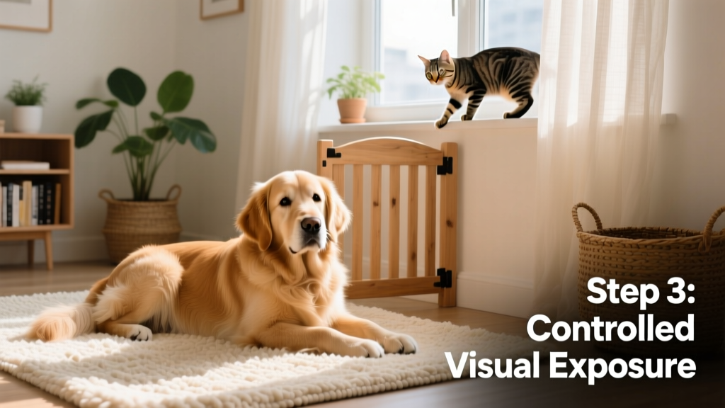 A calm dog sitting on a rug while a curious cat observes from a nearby perch, separated by a baby gate