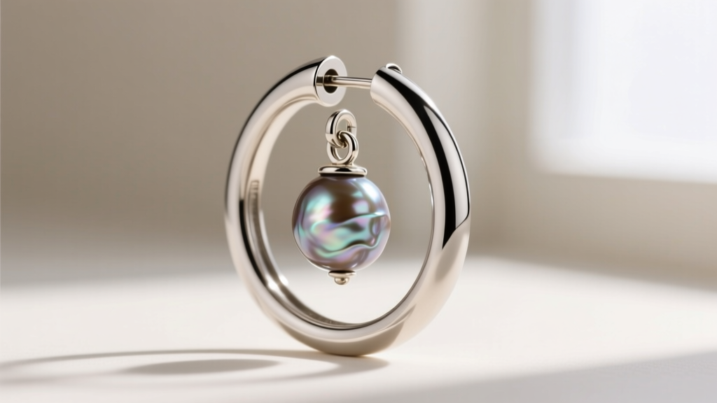 Side view of a hinged clicker hoop in titanium with a baroque pearl charm, highlighting the seamless micro-hinge joint mechanism.