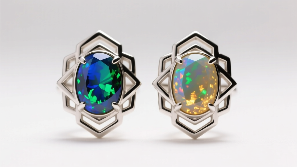 Front view of Art Deco platinum antique opal earrings in a geometric bezel setting, illuminated by soft diffused studio lighting.