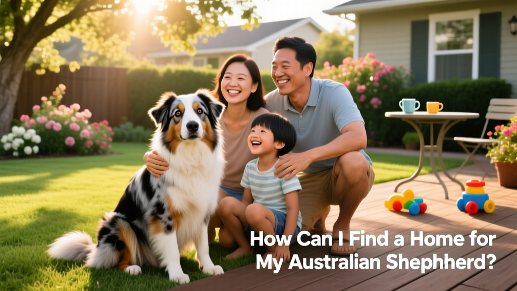 Australian Shepherd sitting calmly beside a smiling family in a sunlit backyard