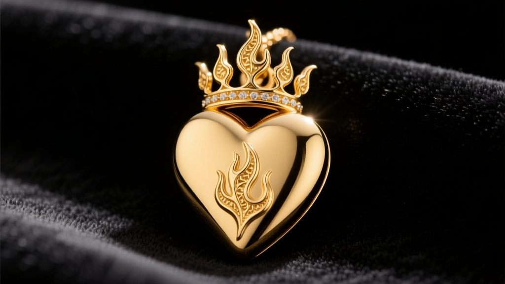 Close-up of a polished 14k yellow gold sacred heart pendant with intricate flaming crown details resting on dark velvet fabric.
