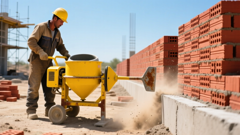 Worker operating a yellow paddle mortar mixer on a dusty job site next to stacked red clay bricks for a retaining wall installation