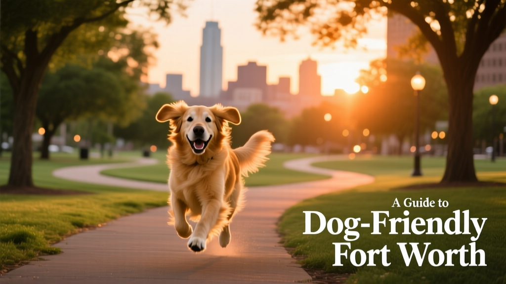 a dog running through a park as the sun sets