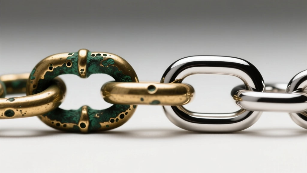 Macro photography comparing a tarnished brass chain link showing green oxidation next to a polished rhodium-plated silver link.