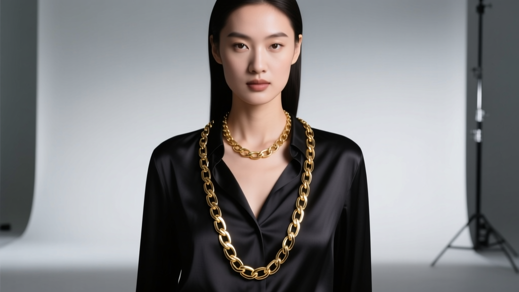 Model wearing a 14k gold 20 inch necklace chain over a dark silk blouse, with soft studio lighting highlighting the intricate chain links.