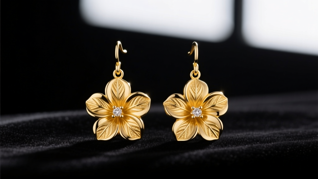 Close-up of 18k yellow gold flower drop earrings on dark velvet, soft studio lighting highlighting intricate petal textures.