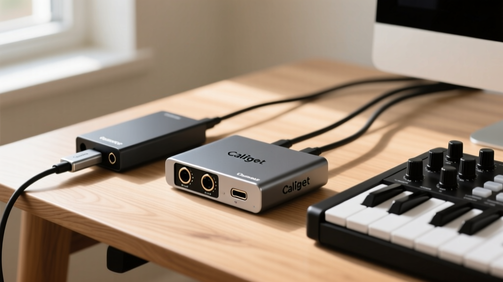 Close-up of a CalDigit TS4 Thunderbolt dock connected to a Focusrite Clarett audio interface and a MIDI foot controller on a wooden desk