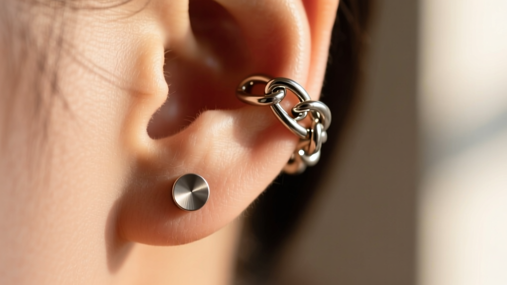 Macro shot of a 20-gauge titanium chain linking an ear cuff to a flat back stud, showing a secure jump ring clasp against soft skin