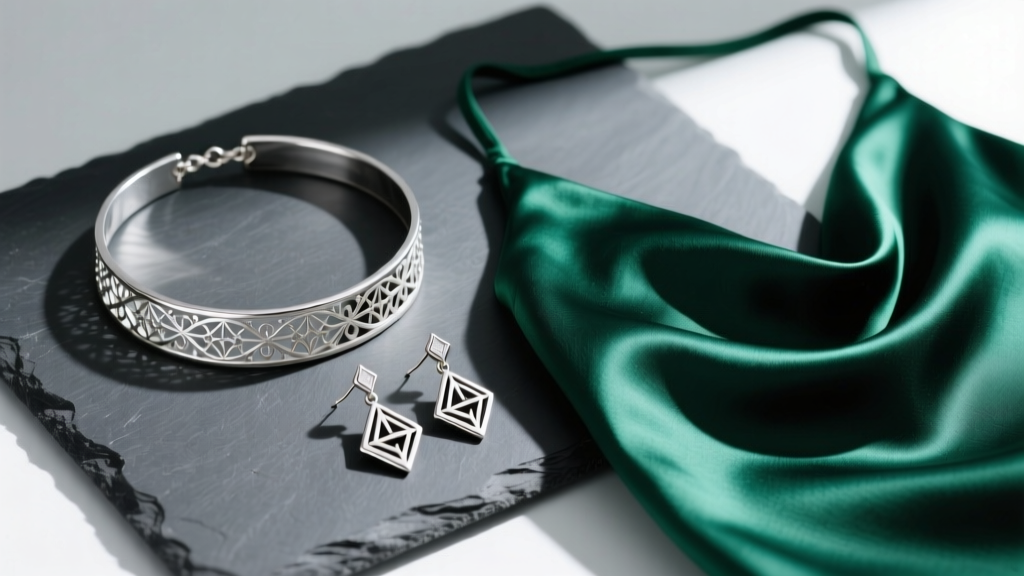 Flat lay of a sterling silver choker, asymmetric drop earrings, and a draped silk top on a dark slate board