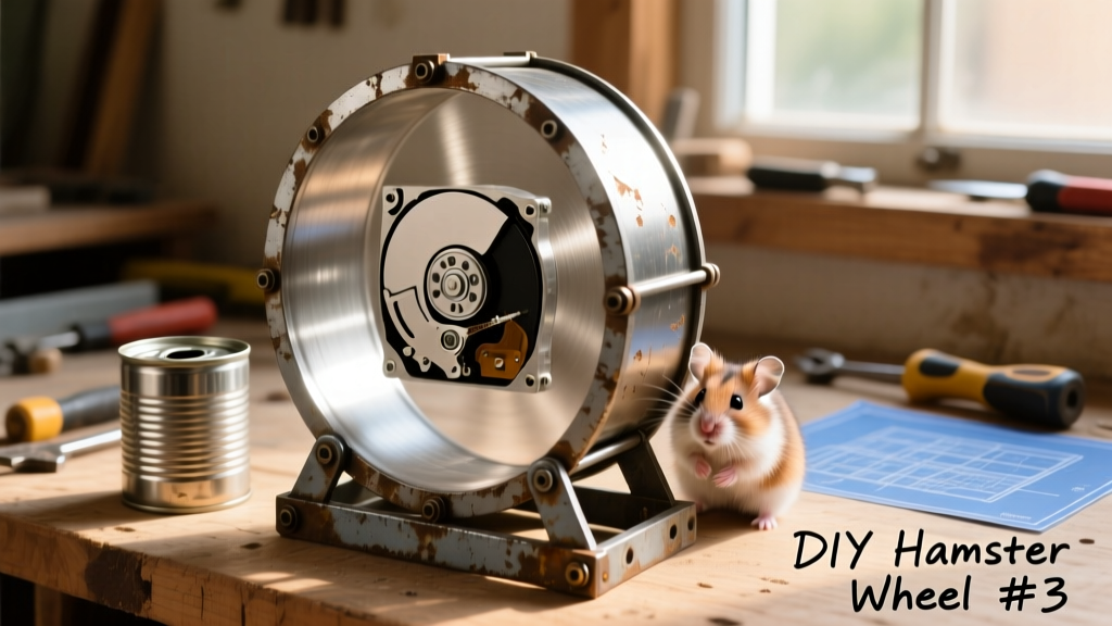 Close-up of a silent DIY hamster wheel built from repurposed hard drive parts and a metal coffee can