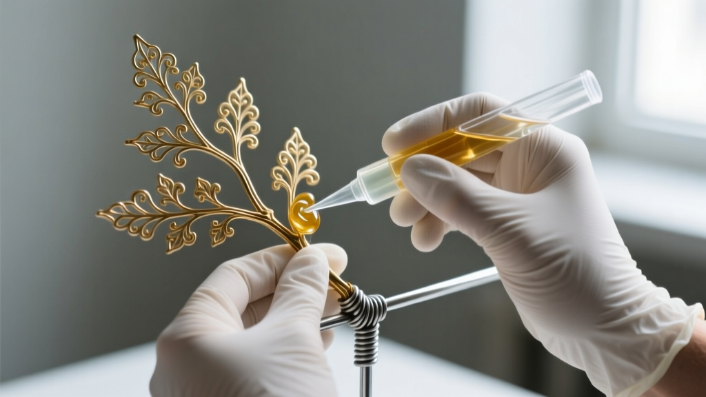Hands wearing nitrile gloves applying clear two-part epoxy to a brass filigree branch on a 12-gauge aluminum wire tree armature