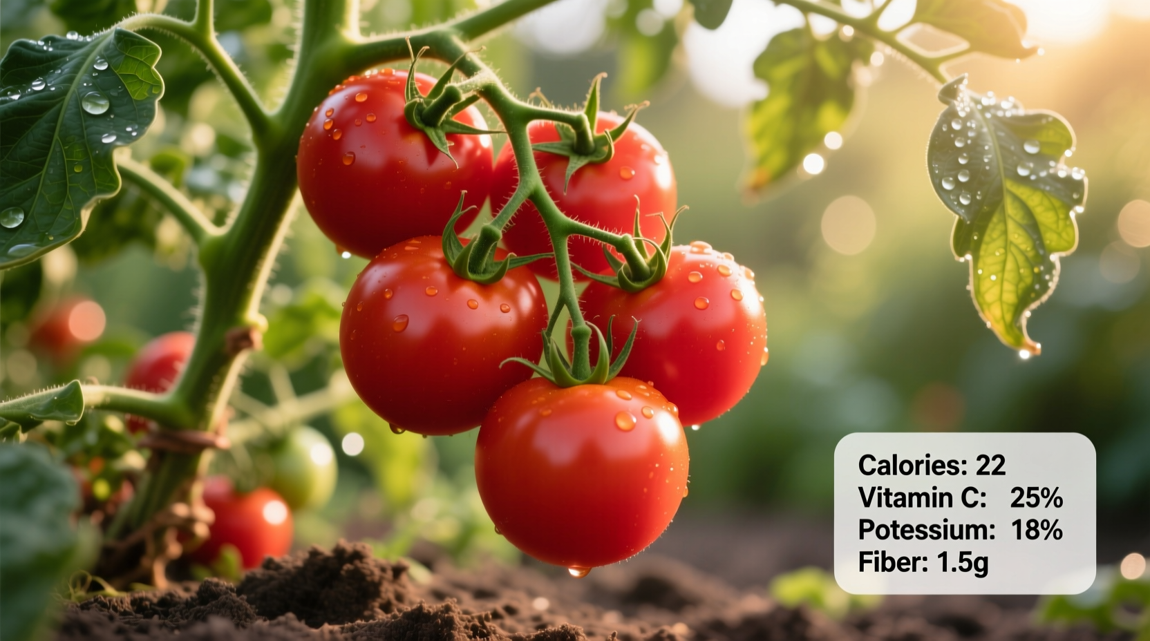 Fresh Roma tomatoes on vine with nutrient labels