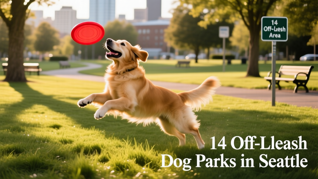 Golden Retriever playing fetch in a sunlit grassy dog park