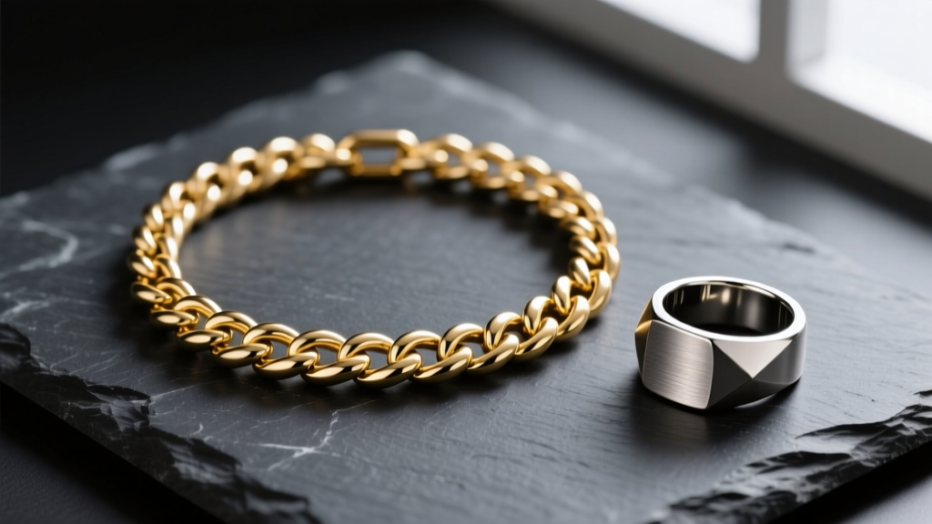 Overhead shot of mens jewelry featuring a solid 14k gold 5mm Cuban chain and a brushed titanium signet ring on dark slate