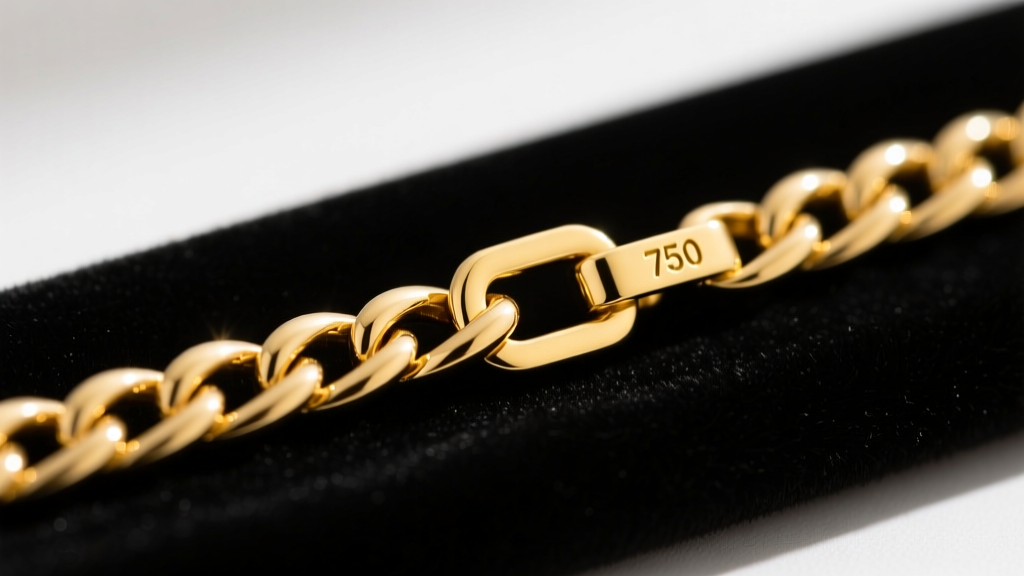 Macro shot of an 18k yellow gold Italian Figaro chain on dark velvet, showing the three-link pattern and tiny 750 hallmark stamp.