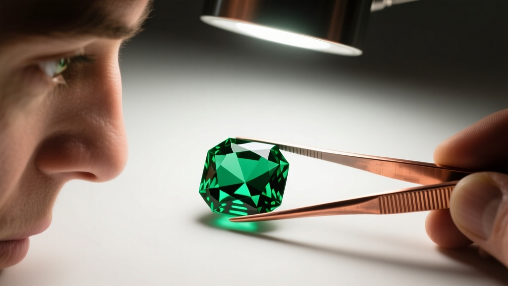 Jeweler inspecting pavilion facets of a custom-cut green quartz prasiolite gemstone held in copper tweezers under a bright LED lamp