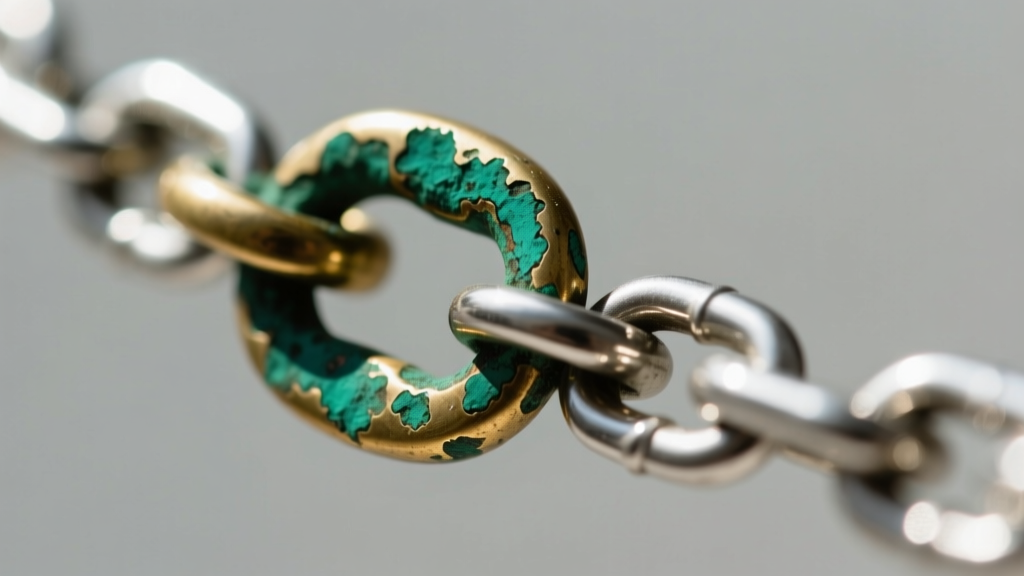 Macro shot of a tarnished brass clasp touching a silver chain, showing green oxidation on the metal under a macro lens.