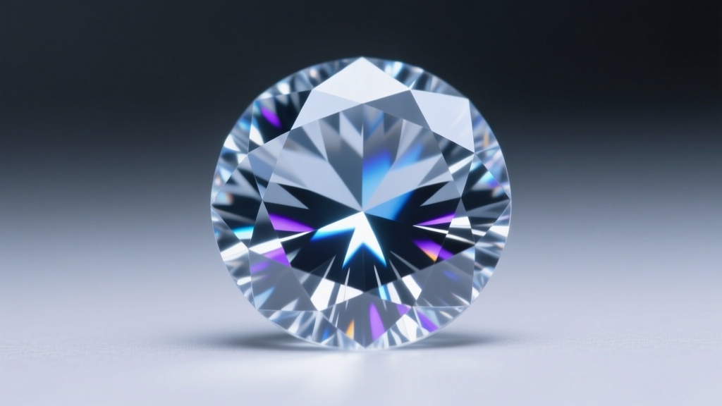 Loupe view of moissanite revealing faint needle inclusions and double refraction facets under bright, focused LED studio lighting.