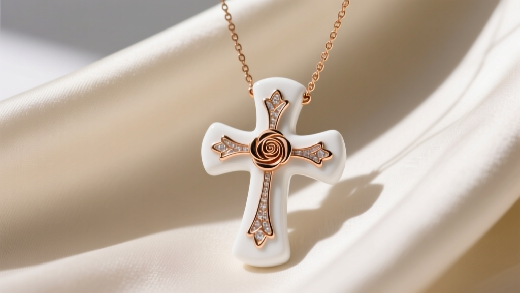 Close-up of a white ceramic cross necklace with rose gold inlay, worn over cream silk to highlight the striking material contrast.