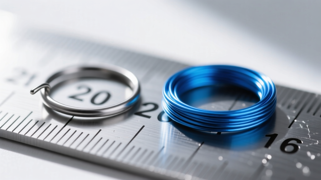 Macro shot of a 20-gauge titanium earring wire next to a 16-gauge cosplay wire, showing thickness differences on a metal ruler.