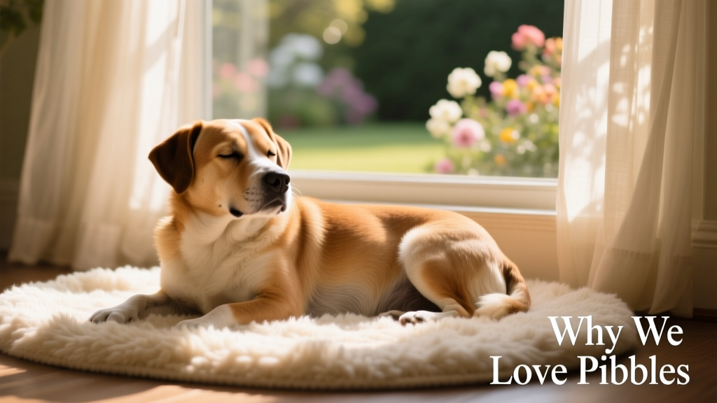 A calm, relaxed adult Pibble resting on a soft rug beside a window, eyes half-closed, looking content and settled
