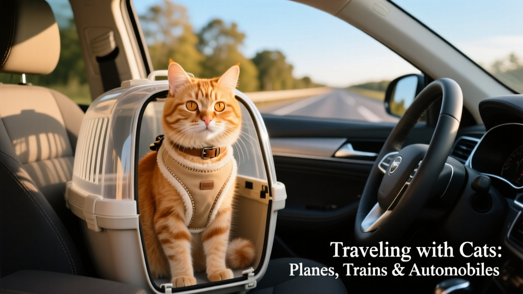 ginger cat wearing a soft harness, sitting calmly inside a well-ventilated carrier in a car