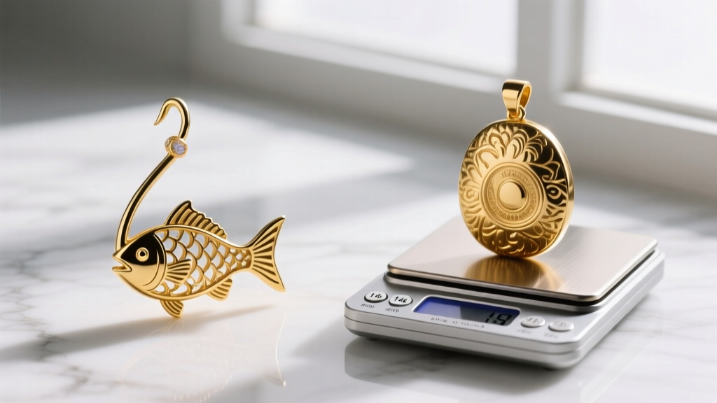 Side-by-side comparison of a hollow gold-plated tourist fishhook pendant and a heavy solid 14k gold Makau pendant on a scale