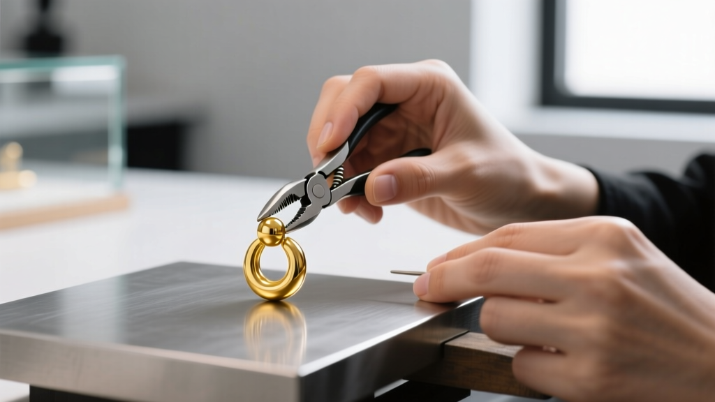 Jeweler using specialized ring opening pliers to adjust the tension of an 18-karat yellow gold captive ball earring on a bench
