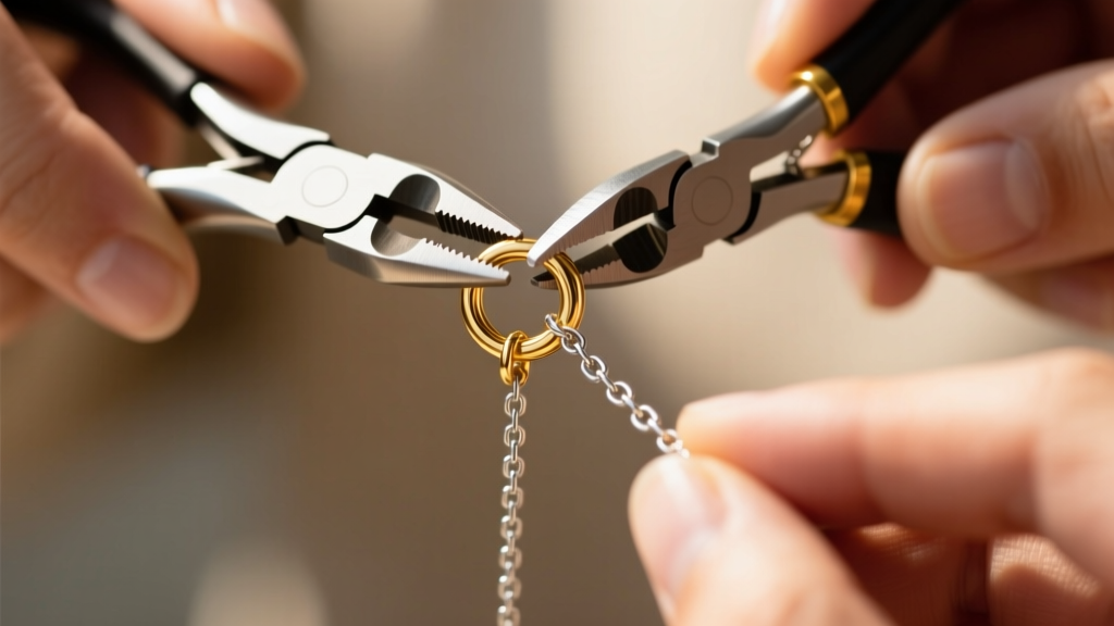 Jeweler hands using flat-nose pliers to securely close a 5mm gold-plated jump ring connecting a new lobster clasp to a chain