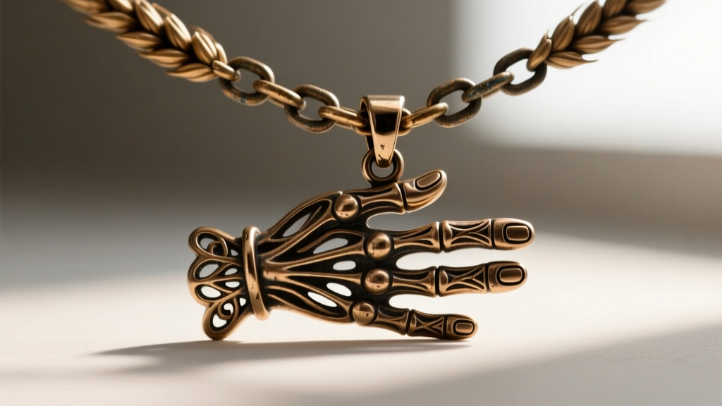 Close-up of a heavy 2.5mm oxidized wheat chain connecting to an articulated hand pendant via a reinforced lobster clasp.