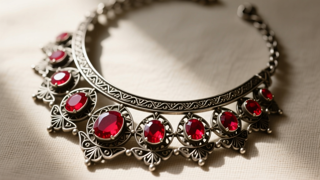 Overhead shot of an oxidized silver Pacchikam necklace with ruby cabochons, showing the raw foil backing of Gujarat artisans