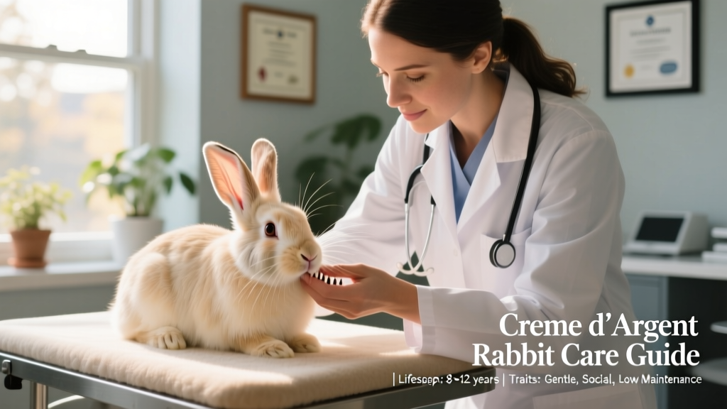 A veterinarian gently examining a Creme D'Argent rabbit’s teeth and ears during a routine wellness checkup