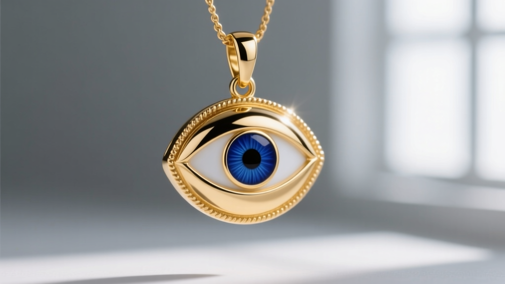 Macro shot of an 18k gold vermeil evil eye pendant with blue vitreous enamel, showing the smooth finish and a precise metal bezel