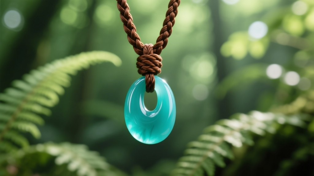 Macro of brown braided synthetic sinew cord securing a heavy turquoise pendant against a softly blurred green nature background.