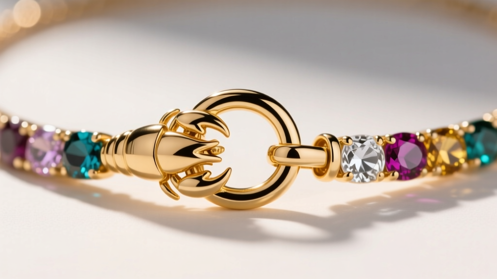 Macro shot of a 14k gold lobster clasp on a multi color gemstone necklace, highlighting the jump ring and secure closure