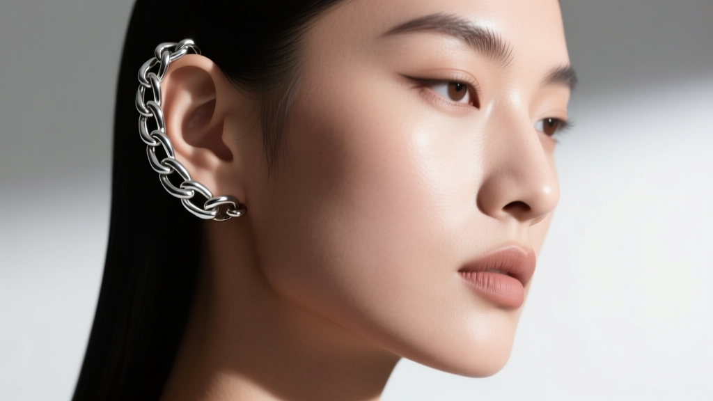 Editorial shot of asymmetrical styling, heavy silver chain ear cuff on the left ear, right ear bare, soft natural light.