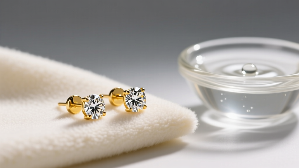 Close-up of 14k yellow gold diamond stud earrings resting on a soft microfiber cloth with a small bowl of mild soapy water nearby.