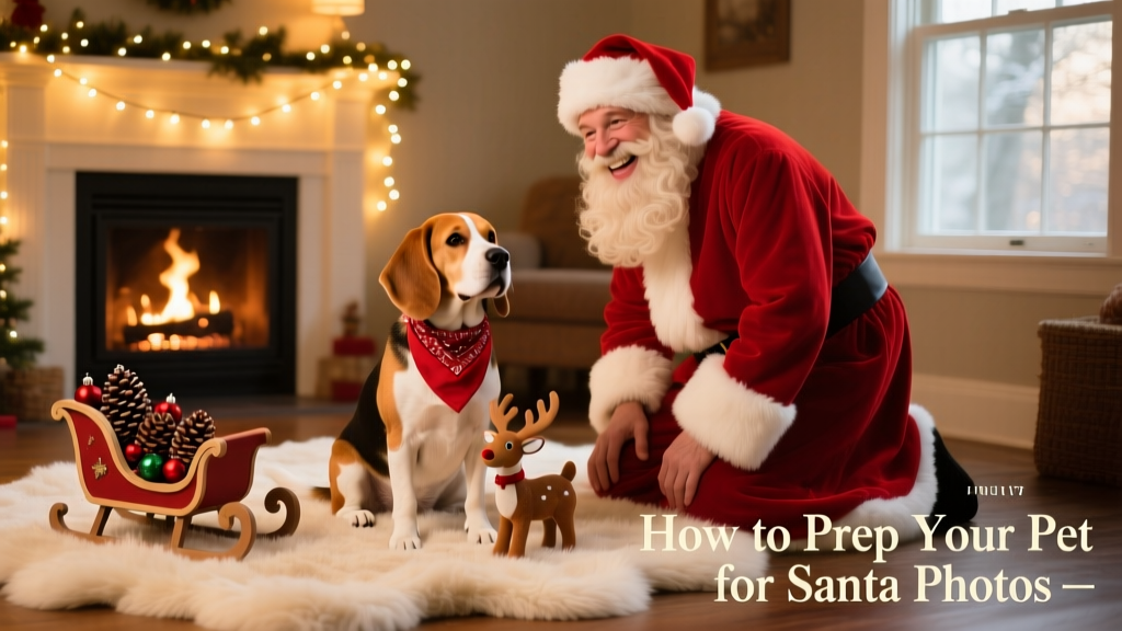 A cozy home setup with soft holiday lighting, a faux-fur rug, a miniature sleigh prop, and a relaxed beagle wearing a red bandana sitting beside a smiling human dressed as Santa