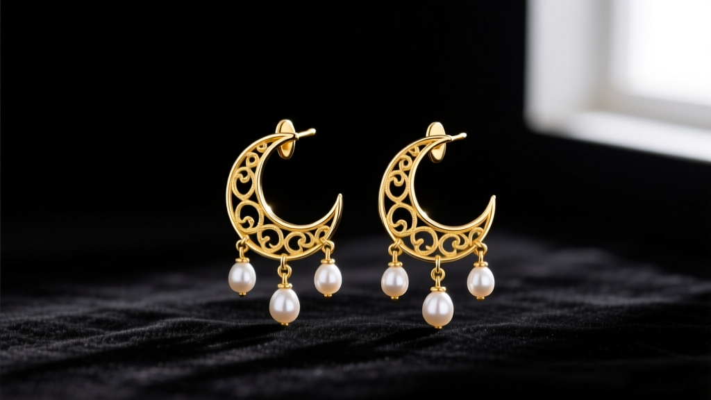 Elegant 22k gold chand earrings with crescent moon filigree and pearl drops, displayed on dark velvet for a luxury gift guide.