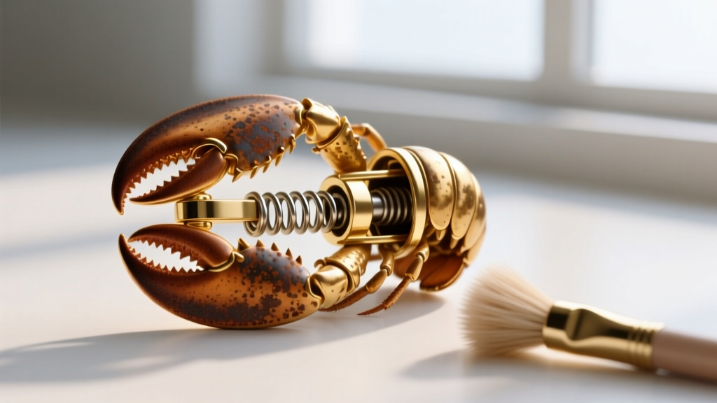 Macro view of a gold lobster clasp showing oxidation on the internal steel spring next to a soft bristle jewelry cleaning brush