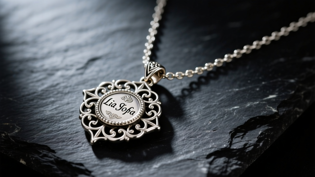 Macro shot of a vintage Lia Sophia silver-tone rhodium-plated brass pendant necklace on dark slate under studio lighting