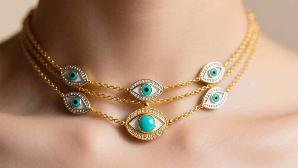 Close-up of a three-strand evil eye layered necklace in 14k yellow gold resting on a collarbone with a turquoise gemstone center