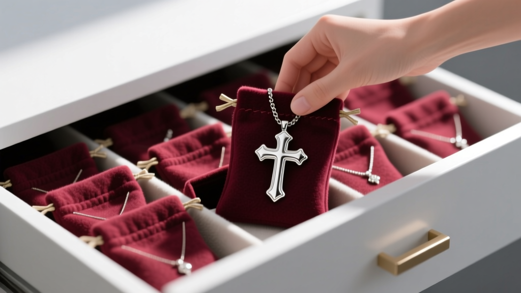 Organized jewelry drawer with anti-tarnish flannel pouches, showing a chunky cross pendant being gently placed inside one pouch.