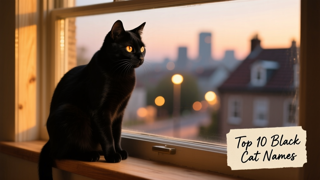 A black cat perched on a windowsill, gazing outside at dusk