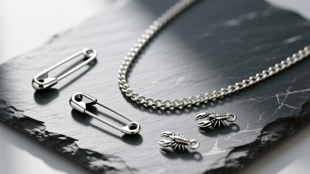 Flat lay of DIY safety pin necklace parts on slate, showing silver surgical steel pins, a rolo chain, and small lobster clasps.