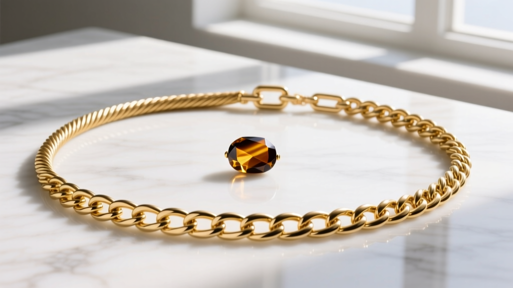 Three gold chain styles including cable, curb, and rope, laid flat on white marble next to a small polished tiger eye gemstone